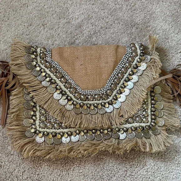 SHASHI Fringe Embellished Clutch - Tan and Silver - Picture 2 of 5